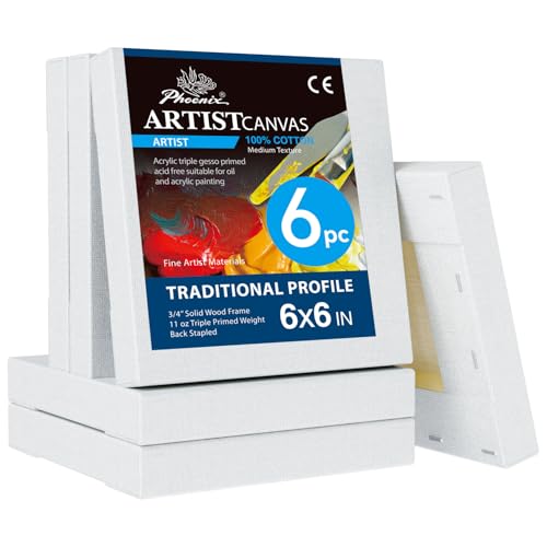 PHOENIX 6x6 Inch 6 Pack Artist Canvas - Small Square Stretched Canvases for Painting - 3/4 Inch Profile 100% Cotton 11 Oz. Gesso Primed White Blank Professional Canvas Oil & Acrylic Paints