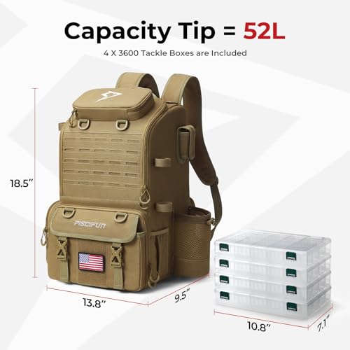 Image of Piscifun 52L Fishing Tackle Backpack, 17 Pockets, Rod Holders & 4 Boxes