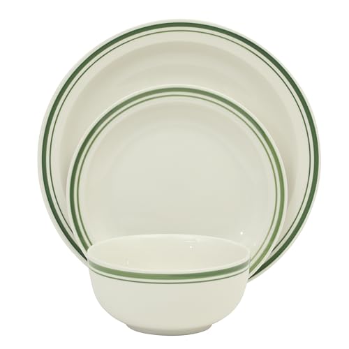 Image of Gibson Home Hometown Diner 12-Piece Porcelain Dinnerware Set, Round Plates and Bowls Set for 4, White with Green Rim, Dishwasher Safe - Dinner Plate, Salad Plate & Cereal Bowl