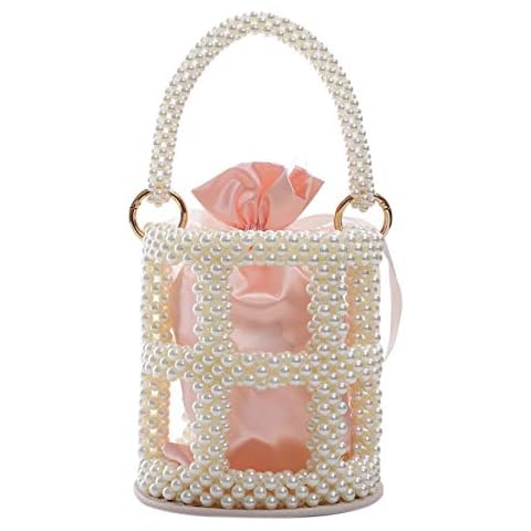 YUSHINY Women Hollow Handmade Pearl Beaded Bucket Evening Bag Artificial Leather Bottom with Pink InnerBag & DustBag Cover