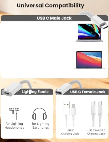Image of Wefly 2-in-1 USB-C to Light /ning Headphone + USBC Charge Spltter,USB C to Ligh1 /ning Headphone Jack+PD 60W Charging Adapter Connector for 1Phone 15 Pro Max Plus,Pro,Mac /Book (Type C to C /Light /ing)