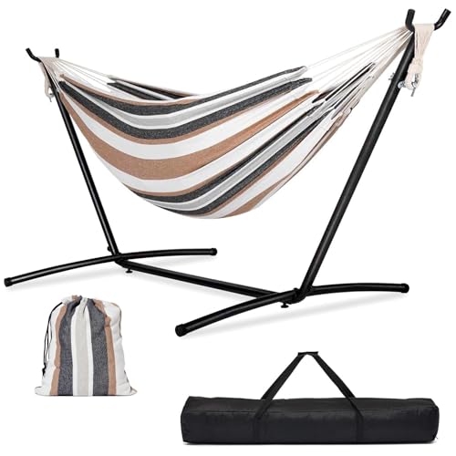 Zupapa Hamaca doble de lona con soporte de acero, capacidad de 200 kg, con bolsa de almacenamiento para jardín, patio, terraza, patio y balcón, marrón