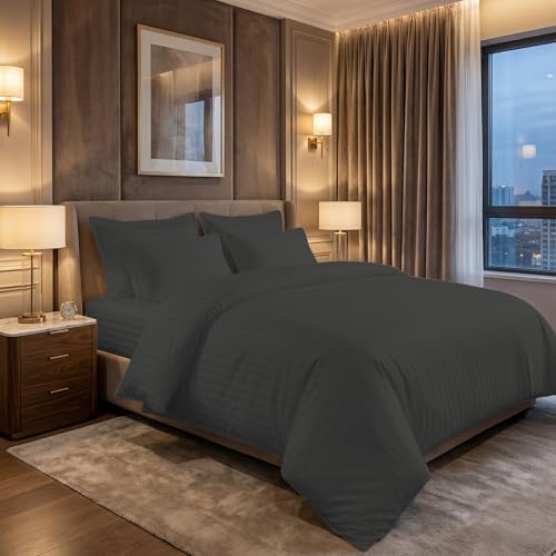 Image of LINENWALAS Cotton 300 TC Fitted Bed Sheet for Queen Bed | Signature 2 CM Sateen Stripe Design | All-Around Elastic for 4-8 Inch Mattresses |Luxury Hotel-Style Bedding (60 x 78, Dark Grey)