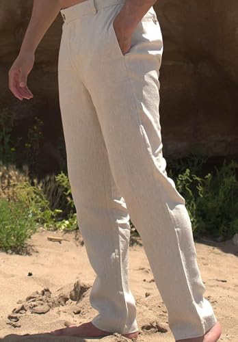 Mens Linen Casual Trousers Lightweight Relaxed Fit Pants for Summer Beach with Pockets2