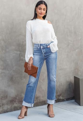 Jeans for Women Trendy High Waisted Corssover Boyfriend Jeans Distressed Stretchy Denim Pants3