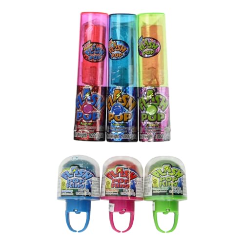 Kidsmania Flash Pop Gift, Flashing Light-Up Push Pop & Rings - Bundle of 6, 3 Push-Up Suckers & 3 Rings (Colors May Vary) By Lyza's Sweets & Treats