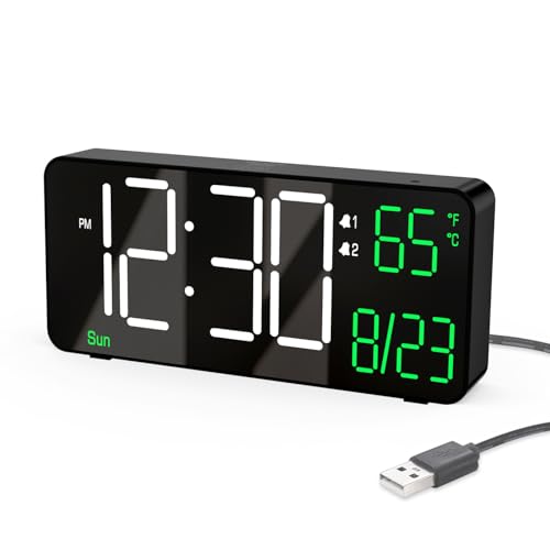 Image of KOSUMOSU Digital Alarm Clocks for Bedrooms,6.7in Black Small Digital Clock for Bedroom, Auto Dimming,Date,Week,Seconds or Indoor Temperature,Desk Clocks for Living Room,LED Alarm Clock Calendar