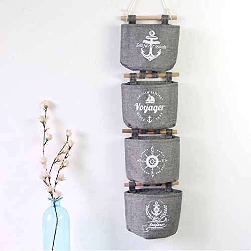 OPOO Set of 4 Pcs Vintage Linen Hanging Bag Single Pocket Wall Door Closet Hanging Storage Organizer Wardrobe Tidy Home Decor-Grey