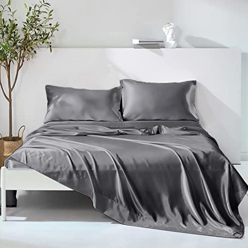 Wotcsil Juego de Sabanas de Cama 135 Raso Satín Gris Oscuro con Sábana Bajera Ajustable Satín 135x190cm Sábana Encimera Funda de Almohada de Satén Poliéster 4 Piezas para Colchón de hasta 36cm