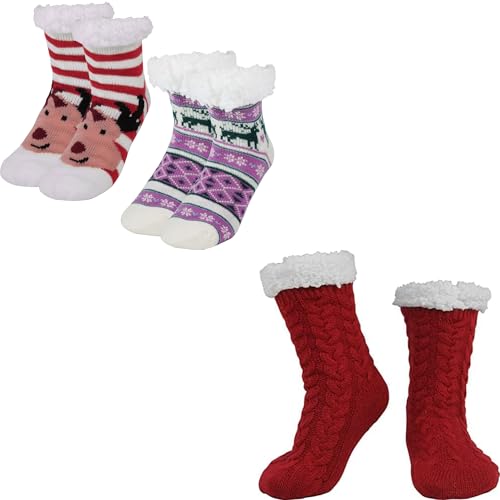 BenSorts Kids Thick Warm Slipper Socks 2 Pairs Purple Stripe Deer with 1 Pair Red Christmas Slipper Socks
