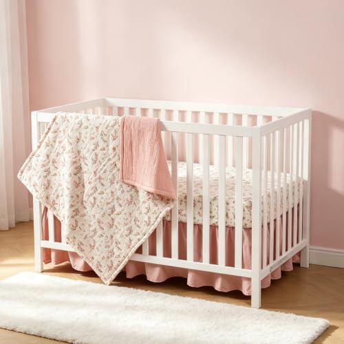 Image of Organic Cotton Muslin Baby Crib Bedding Set 3 Piece Soft for Infant Newborn Toddler Boys Girls 52 inchx28 inch, Nursery Bed Quilt Set Decor with Fitted Crib Sheet, Floral Quilted Comforter Blanket, Bed Skirt