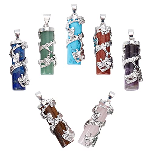 SUNNYCLUE 1 Box 7Pcs 7 Styles Healing Stone Pendants 7 Chakra Crystal Natural Synthetic Gemstone Pendant Column with Dragon Platinum Alloy Findings Bulk for Jewelry Making Bracelet Necklace