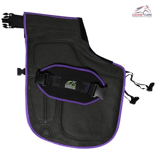 Image of Equine Care Women's Farrier Apron Chaps 23″ - Leather & Canvas, Adjustable 28-52″ Waist, EVA Padded Knees, Lumbar Support, 4 Knife Pockets & Nail Magnets for Hoof Trimming (Black with Purple Piping)