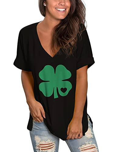 Image of Sampeel Women's V Neck T Shirts Casual Rolled Short Sleeve Side Split Summer Tops Loose Fit