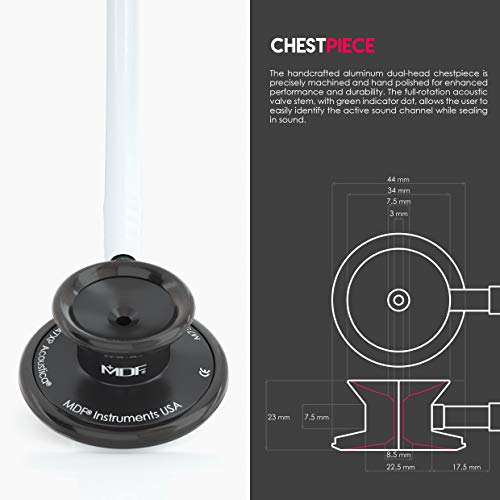 Image of MDF Instruments, Acoustica Lightweight Stethoscope for Doctors, Nurses, Students, Home Health Use, Adult, Dual Head, White Tube, Black Chestpiece-Headset, MDF747XPBO29 | Dual Head, rotating chestpiece, Lifetime warranty, Free-Parts-for-Life, Latex-free, For doctors, nurses, students home health