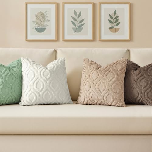 Image of decorUhome Fall Throw Pillow Covers 16x16 Inch Set of 2, Soft Plush Faux Wool Sage Green Solid Couch Pillow Covers, Accent Farmhouse Neutral Square Pillow Cases for Sofa Bed Living Room