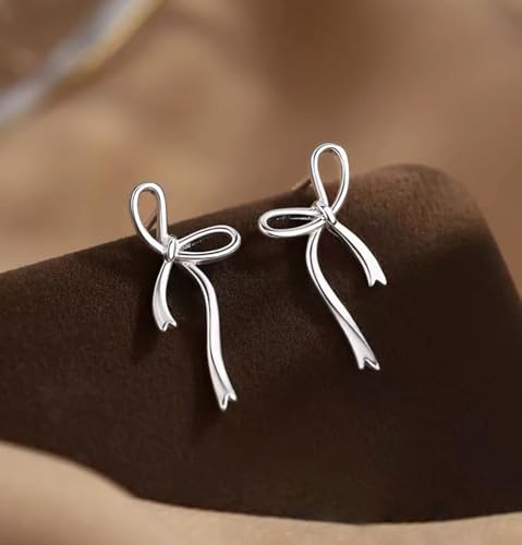 Image of Reffeer Solid 925 Sterling Silver Bow Stud Earrings Ribbon for Women Teen Girls Bowknot Stud Earrings Drops