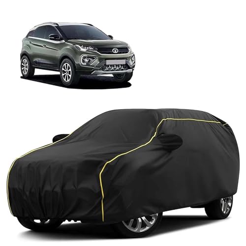 Image of Sulfar 100% Water Resistant Car Body Cover Compatible with Mirror for Tata Nexon (Triple Stitched, Full Bottom Elastic, Black Taffeta with Yellow Piping)