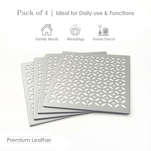 Image of Kuber Industries 4 Pcs Set Leather Side Table Mats | Reusable Kitchen Dining Table Mat for Party, Wedding and Family Functions | Square Shape - Silver