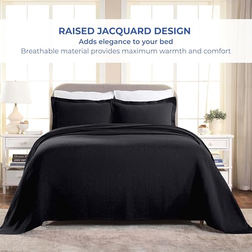 Superior Cotton Fleur De Lis Bedspread Set, Warm Blankets, All-Season Bedding, Bedroom Decor, Decorative Boho Medallion Coverlet, Includes 1 Bedspread, 1 Pillow Sham, Twin, Black