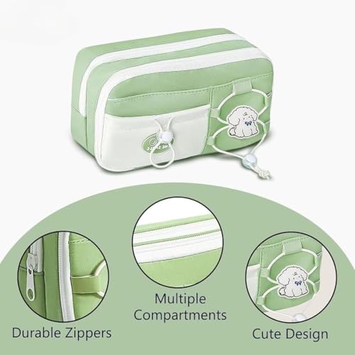 Image of Canvas School Bag Pencil Case, 3 Layer 6 Compartment Large Capacity, Aesthetic Pencil Pouch for Stationary, Cute Stationery for Kids, Pencil Case for Girls & Boys (Nice Day Green)
