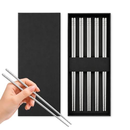Palillos Chinos Acero Inoxidable, Varillas de fibra de vidrio Sushi, Chopsticks Japoneses Reutilizables, Lavables y reutilizables, Pack de 5 pares, Color Plateado