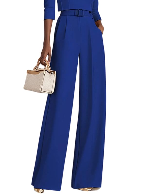 oshoplive Womens High Waist Wide Leg Pants Business Casual Pleated Straight Elastic Waisted Palazzo Trousers Adjustable Belt