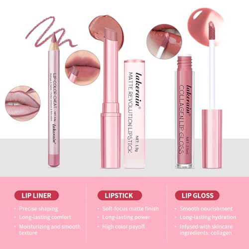 Image of 3PCS Lip Liner and Lipstick Combo Set - Matte Lip Liner Pencil, Velvet Matte Lipstick & Hydrating Collagen Lip Gloss - Long-Lasting, Smudge-Proof, High Pigment Nude Pink Lip Makeup Kit (Nude Pink)