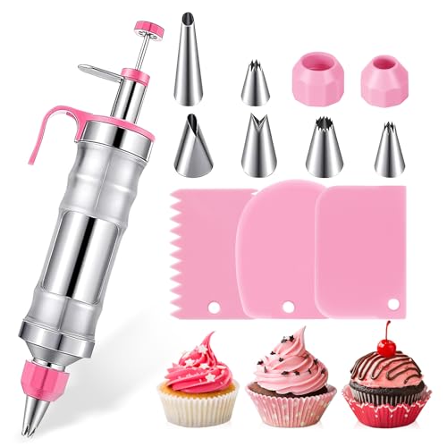 AstraLoom Ensemble de seringues multifonctionnelles pour décoration de gâteaux en acier inoxydable avec 6 buses remplaçables et 3 grattoirs en plastique, convient pour gâteaux et desserts (rose)