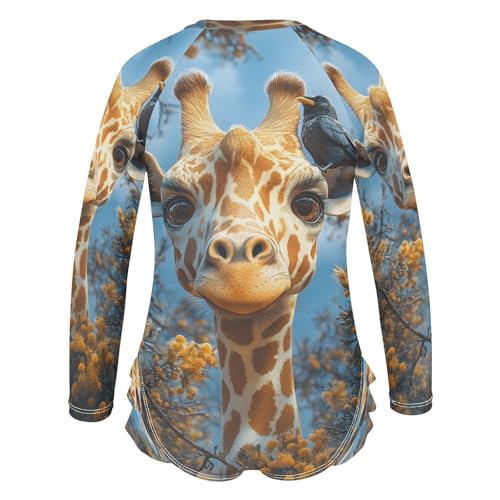 senya Toddler Girl Long Sleeve Ruffle Swimsuit One Piece Zipper Rash Guard Bathing Suit with UPF 50+ Giraffe3