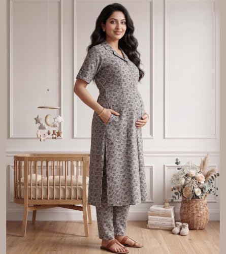 Image of DUMMY SHAPE Feeding Dresses for Women Full Set | Cotton Blend Maternity Kurta Pant Suit with Dual Nursing Zippers, Side Pocket to Pre & Post Pregnancy | Mom to Be Gifts