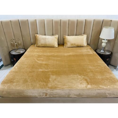 Image of Premium Velvet Solid Woollen Elastic Fitted Bedsheets for Double Bed King Size (Size 254 x 265 Cms), with 2 Pillow Covers Elastic, Covers (46 x 68 Cms) (Gold)