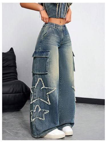 SHENHE Women's Low Waisted Wide Leg Cargo Jeans Star Denim Pants Loose Y2k Baggy Jeans Streetwear4
