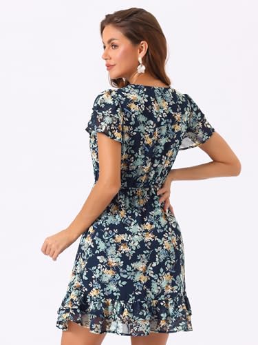 Image of Allegra K Women's Ruffle Sleeve Self-Tie V Neck Flowy Ruffled A-Line Floral Chiffon Dress