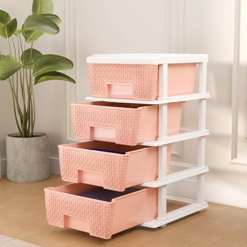 Kuber Industries 4 Tier Plastic Storage Drawer/Spacious Organizer for Toys/Books | Modular Storage Rack for Home/Kitchen/Office | Checks - White & Peach
