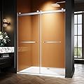 56-60" W x 76" H Frameless Sliding Shower Door, Adjustable Width Glass Shower Door, Soft-Close, 5/16" (8mm) Clear Tempered Glass with Explosion-Proof Film (Brushed Nicke, 60" W x 76" H)