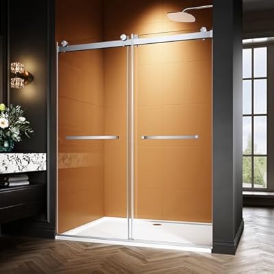 56-60" W x 76" H Frameless Sliding Shower Door, Adjustable Width Glass Shower Door, Soft-Close, 5/16" (8mm) Clear Tempered Glass with Explosion-Proof Film (Brushed Nicke, 60" W x 76" H)