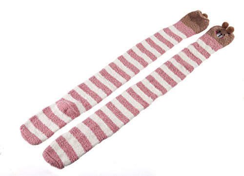 Littleforbig Cute Animal Coral Fleece Thigh High Long Striped Socks 2 Pairs3