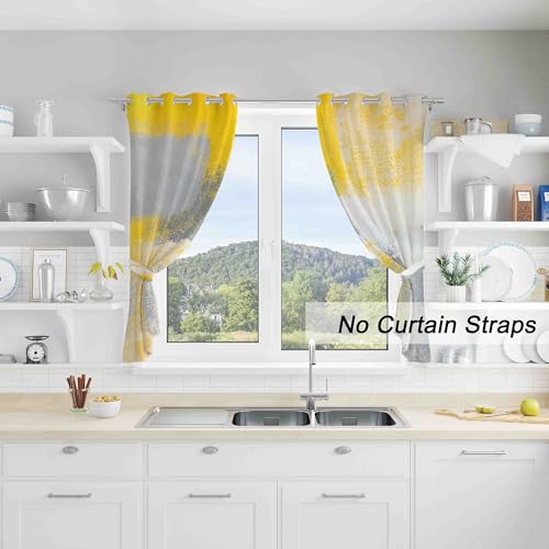 Image of Yellow Window Curtain Yellow Grey Abstract Thermal Insulating Drapes Rust Art Treatment Drapes Modern Curtains for Living Room Bedroom Hotel, 26 inch x 36 inch, 2 Panels