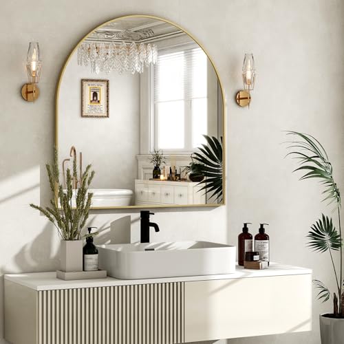 Image of HARRITPURE 26 inchx28 inch Arched Bathroom Mirror, Wall Mounted Mirror, Gold Arch Mirror, Aluminum Alloy Frame Wall Mirror for Living Room, Bedroom and Entryway