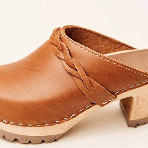 PiePieBuy Womens Clog Heeled Sandals Wooden Ankle Strap Buckle Mules Closed Toe Slingback Walking Shoes Brown - Thumbnail 6