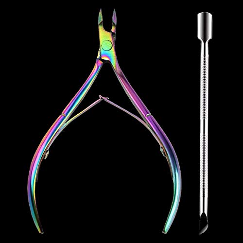 Nail Cuticle Trimmer with Cuticle Pushers - Cuticle Pusher and Cutter Professional Stainless Steel Cuticle Cutter Clipper Durable Pedicure Manicure Tools for Fingernails and Toenails Rainbow Colors