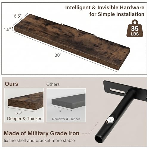Image of Acovy 30in Long Floating Shelves for Wall Set of 2, Wood Wall Shelves for Bathroom Bedroom Kitchen Living Room Laundry Room, Modern Floating Shelf for Home Decor