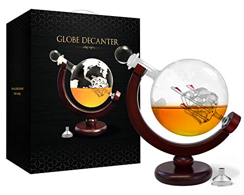 Whiskey Decanter Globe Whiskey Globe Decanter and Glass Set Antique Handblown Ship Decanter Certified Safe Great Whiskey Gift Sets for Men Scotch Bourbon Tequila Decanter Drink Dispenser 28oz 850ml