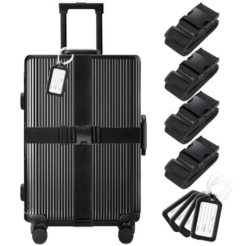 Image of 4 Pack Luggage Straps & Luggage Tags, Luggage Straps for Suitcases [TSA Approved] [Adjustable Suitcase Belt] Suitcase Straps with Tags (Black)