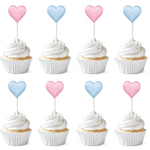 Gender Reveal Heart Cupcake Toppers, 24 PCS Pink & Blue 3D Heart Cupcake Picks for Baby Shower, Boy or Girl Party, He or She Dessert Table, Gender Reveal Cupcakes