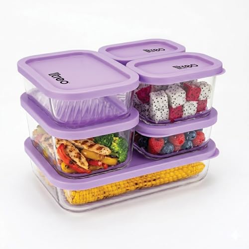 Image of Treo By Milton Nutri Borosilicate Glass Containers for Fridge Storage Set of 6 (2 x 310ml, 2 x 520ml, 1 x 750ml, 1 x 1200ml) Stackable Glass Container with Lid, Microwave & Dishwasher Safe, Purple
