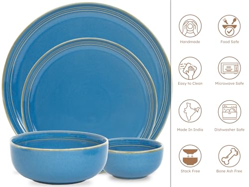 Image of Bodhi House Handcrafted Chip Resistance Porcelain Dinner Set, 20 Pieces Dish Set Serving for 6, Microwave and Dishwasher Safe, Bone-ash Free, Crockery Set for Dining and Gifting, Mid Blue