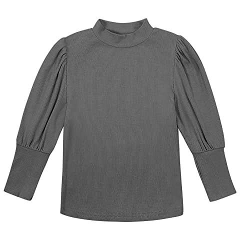 Toddler Girls Long Sleeve T Shirts Kids Girls Knit Tops Basic Solid Color Turtleneck Puff Sleeves Autumn Winter Ribbed Girls Tops 4-5 Years,Grey Cover