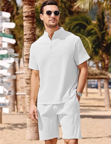 Men's Summer Beach Outfits 2 Piece Vintage Short Sleeve Henley Shirts and Shorts Vacation Texture Sets for Men2